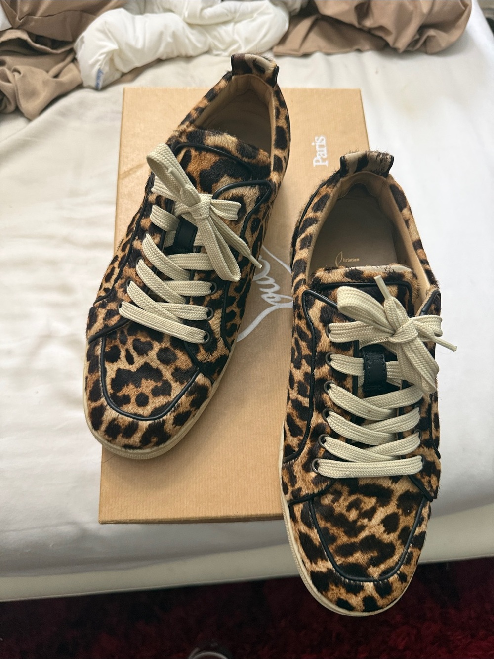 Christian Louboutin Leopard Print Lace-Up Sneakers with Cream Laces
